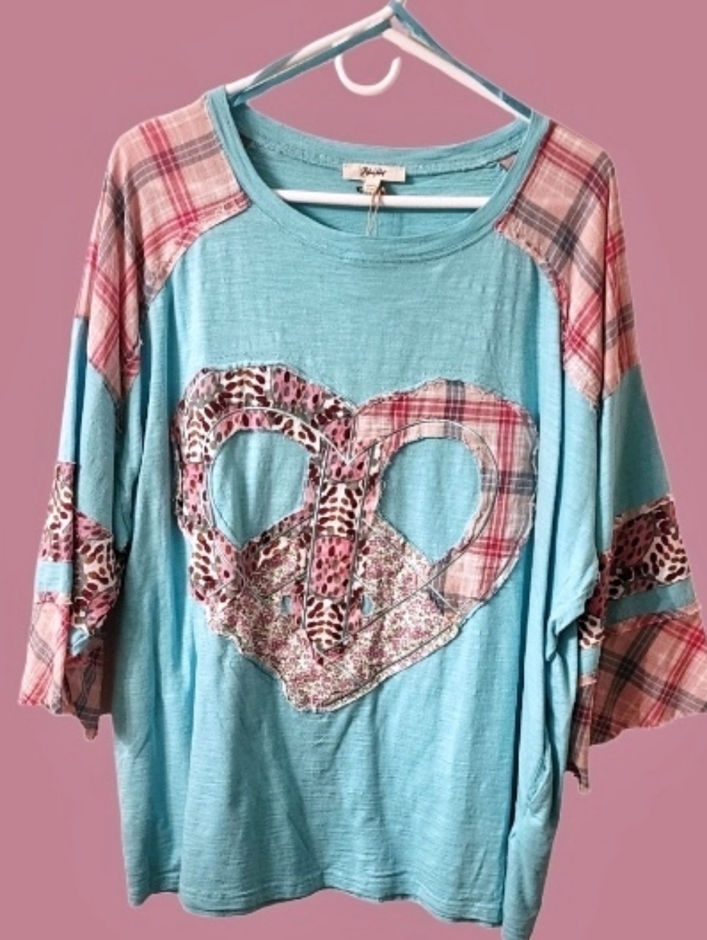 Blue Velvet Patchwork Heart Top with Plaid & Leopard Accents